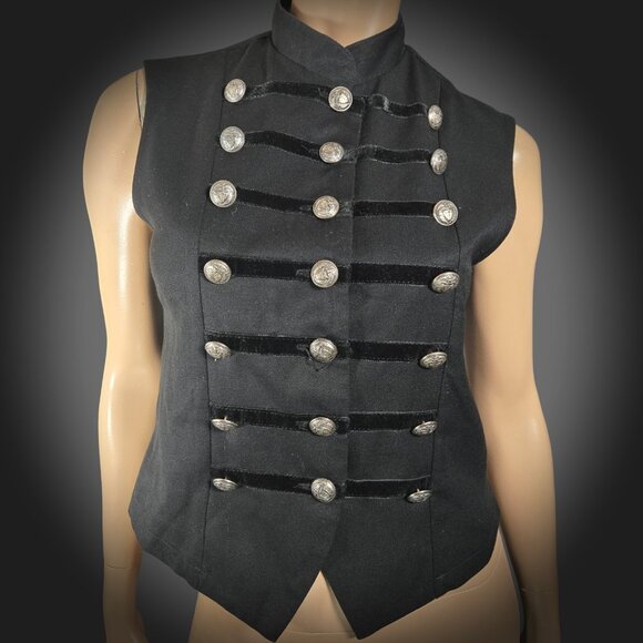 Le Chateau Tops - Vintage 90s Le Chateau Goth Military Waistcoat Vest Size M Black Velvet Trim
